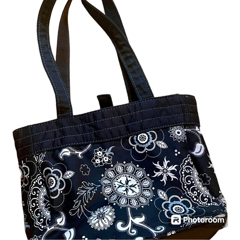 Thirty-One black & white floral cotton small tote, dbl. straps, snap closure EUC